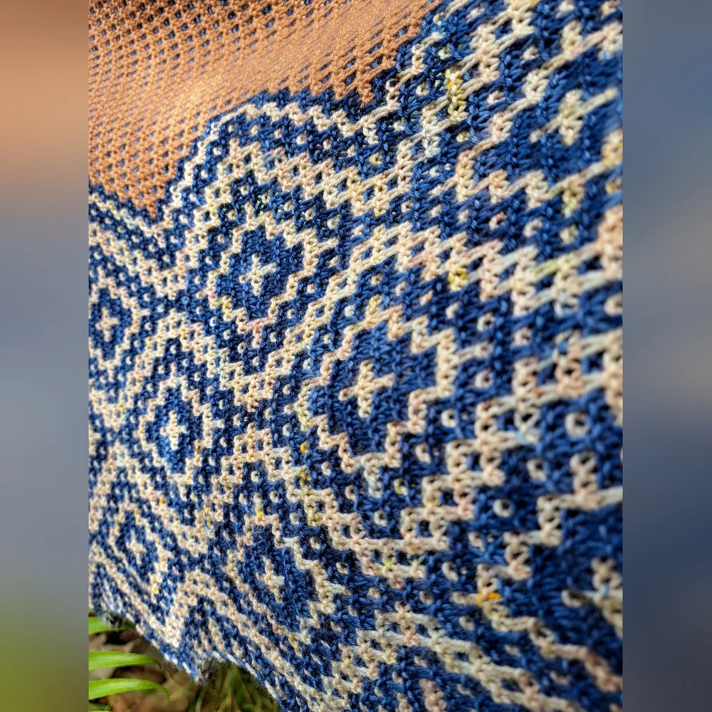 Hand Knit Shawl Blue Brown Beige Hand Dyed Yarn Mosaic Colorwork Soft Warm Cozy - Picture 12 of 16